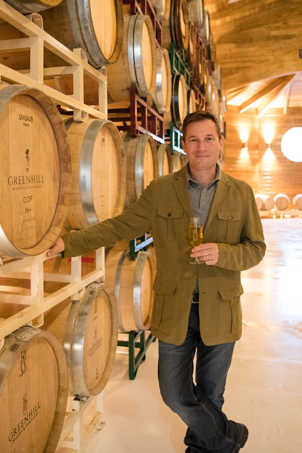 Greenhill winemaker Sébastien Marquet in the new barrel room.