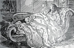 Elizabeth Browning on her sofa with Flush, her cocker spaniel, reading a letter from Robert Browning. The illustration by Edwina is from "Flush of Wimpole Street and Broadway" by Flora Merrill, published in 1933.