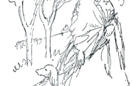 An illustration by Vanessa Bell of Elizabeth Barrett Browning walking Flush From Virginia Woolf's book, Flush A Biography, published in 1933.