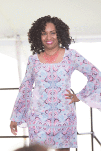Nerissa Brown wears a split sleeve shift by Nanette Lepore from Tully Rector