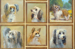 A group of Barham's small dog paintings framed together in oak and walnut.