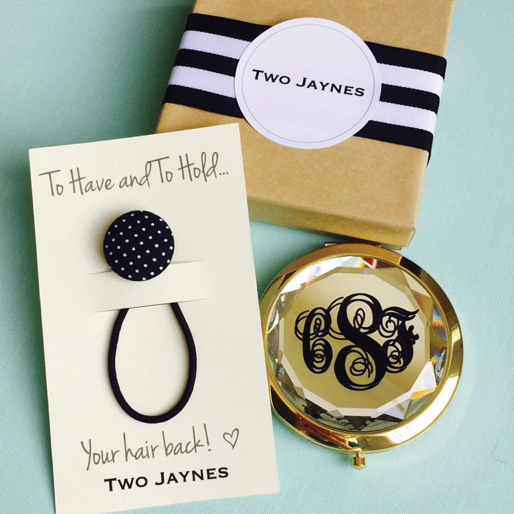 Fabric button hairband and monogrammed compact mirror. Photo courtesy of Two Jaynes