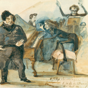 A caricature of Liszt at the piano by an unknown artist, dated 1843. Biblioteque Musee de l'Opera