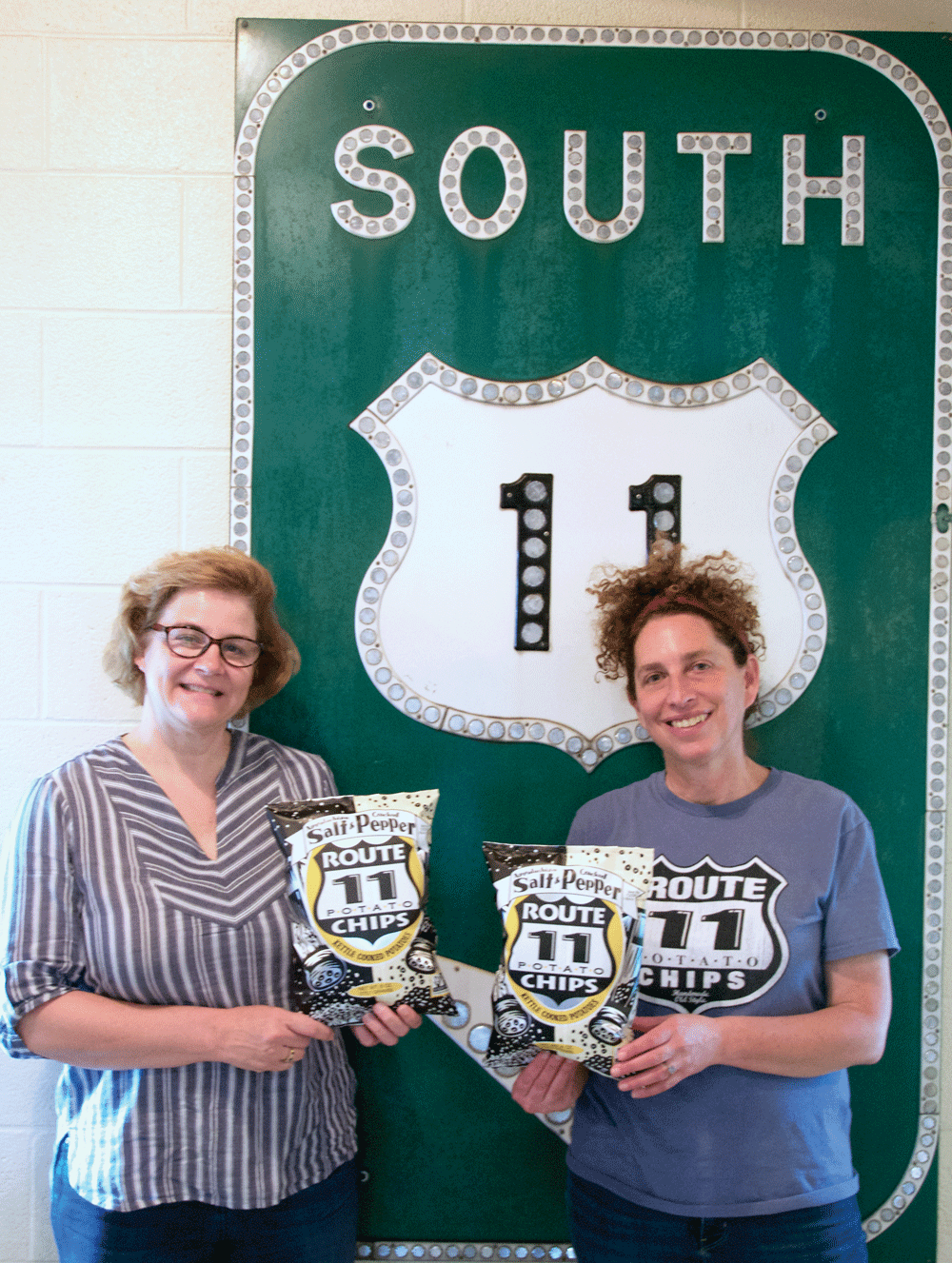 Nancy (left) and Sarah with the first bags of Appalachian Salt and Cracked Pepper chips