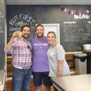 Reuben Bajaj (left), owner of The Shoppes at Main and Maple - White Star Investments, with Pop Culture owners Joel Rogozinski and Holly Bagwell.