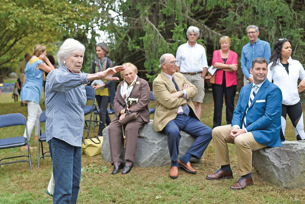 Polly Rowley talks about the arboretum after the dedication ceremony.